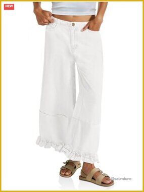 High Waisted Wide Leg Cropped Jeans with Ruffle Hem & Side Pockets
